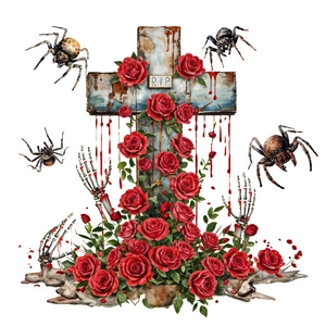 Halloween toilet sticker with red roses, spiders, and skeleton hands on a R.I.P cross