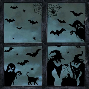Halloween window silhouette decals featuring witches bats and ghosts for spooky home decor