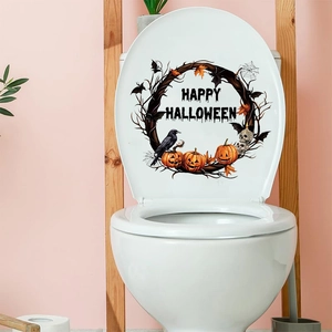 Halloween toilet seat decal with Happy Halloween text, bats, and pumpkins on white lid