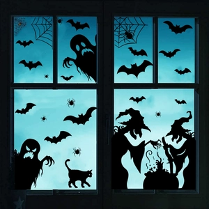 Halloween window decals featuring black silhouettes of witches, bats, ghosts and cats