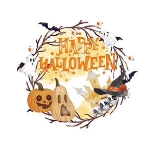 Halloween toilet wall sticker featuring a watercolor pumpkin bat wreath and Happy Halloween text