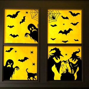Halloween window decal set featuring silhouettes of witches, ghosts, and bats at night