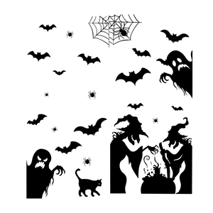 Halloween window silhouettes featuring witches, bats, and ghosts for spooky wall decor