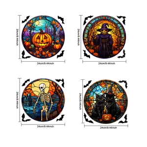 Set of 4 Halloween window stickers featuring pumpkin and witch in stained glass style