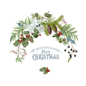 Christmas wall decal featuring holly leaves red berries and pine cones with festive text