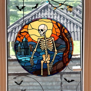 Halloween Stained Glass Style Window Stickers Pumpkin Witch Skeleton Haunted Castle Gothic Static Cling PVC Decals Party Decor