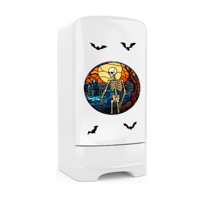 Halloween window stickers with skull and castle design on a white refrigerator
