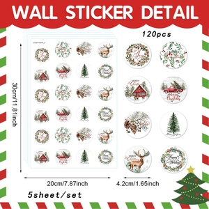 Detail of 4.2cm round Christmas stickers with watercolor reindeer and tree patterns