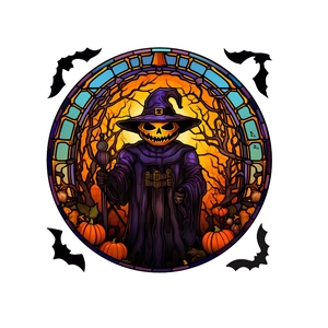 Halloween pumpkin wizard window sticker in stained glass style with bats and magic hat