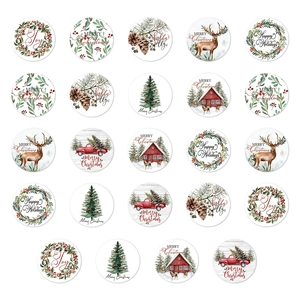 Set of 24 colorful round Christmas stickers featuring festive holiday illustrations and wreaths