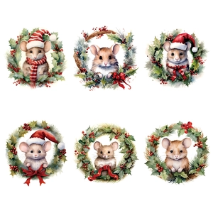 Détail de 6 autocollants de souris de Noël avec couronnes festives et chapeaux de fête