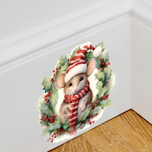 Sticker mural de Noël trou de souris avec souris mignonne et couronne de houx festif