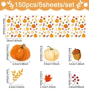 Detailed dimension guide for 150-piece fall pumpkin and maple leaf window stickers