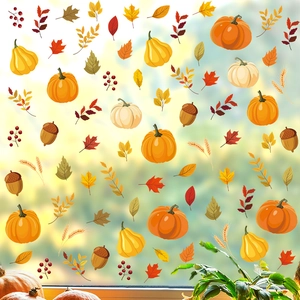Fall window clings set with pumpkins, maple leaves and acorns for Thanksgiving decor