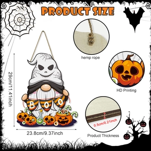 Detail of wooden Halloween gnome sign showing print quality, hemp rope, and 0.5cm thickness
