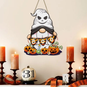 Halloween wooden gnome wall hanging decor with ghost mask and orange Boo banner