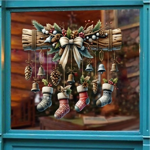 Christmas window stickers with rustic wood, hanging stockings, bells and pinecones decor