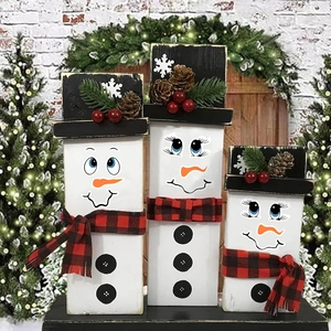 Three-piece wooden Christmas snowman figurines with buffalo plaid scarves for home decor