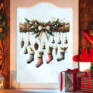 Christmas Wall Stickers PVC Window Decals Festive Stocking Bell Pine Cone Pattern Home Decor Christmas Window Stickers