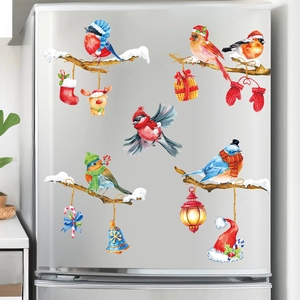 Christmas wall stickers featuring colorful birds on snowy branches for fridge decoration