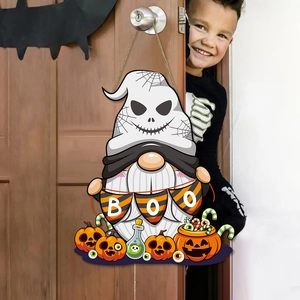 Halloween wooden gnome door hanger with pumpkin and boo sign for party wall decor