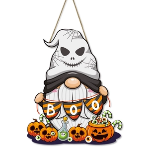 Halloween wooden gnome hanging sign with Boo banner and pumpkin decor on white background