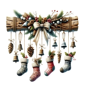 Rustic Christmas wall hanging with pine needles, red berries, cones and stockings on a log