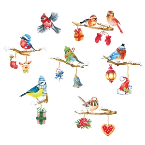Winter Christmas wall stickers featuring festive birds with scarves on snowy branches