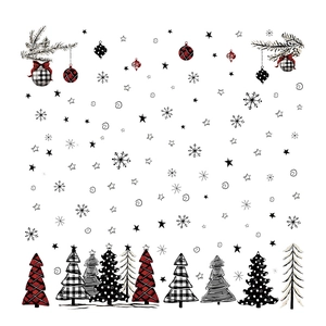 Festive watercolor Christmas window stickers with patterned trees and red bow pine branches