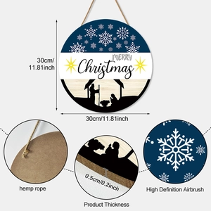 Detail showing 30cm circular wooden Merry Christmas sign with Nativity scene and hemp rope