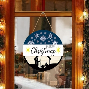 Merry Christmas Jesus Nativity Round Wooden Hanging Sign Decorative Wall Plaque For Home Festival Holiday Ornament
