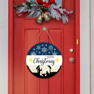 Round wooden Christmas nativity scene door sign with Merry Christmas text on a red door