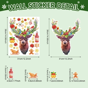 Detailed dimensions of Christmas reindeer wall stickers with various festive elements