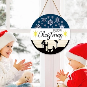 Round wooden Merry Christmas sign with nativity scene silhouette and snowflakes for wall decor