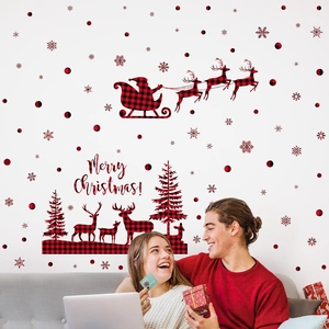 Christmas wall stickers with red buffalo plaid Santa, reindeer, and snowflakes for decor
