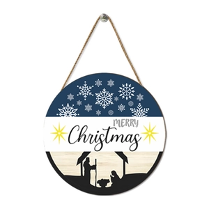Round wooden Merry Christmas hanging sign featuring a navy snowflake design and nativity scene
