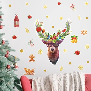 Christmas reindeer wall stickers with gingerbread man and golden snowflakes for home decor