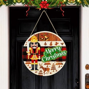Christmas Nutcracker Wooden Door Sign Welcome Plaid Round Wall Hanging For Home Festive Front Door Decoration Wall Decor