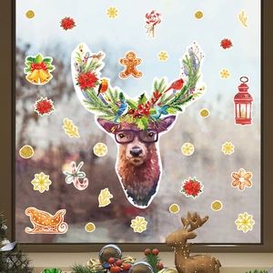 Christmas Elk Wall Sticker With Glasses Snowflake Gingerbread Man Sleigh PVC Self Adhesive Decal For Window Home Decor