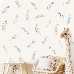 Stickers muraux feuilles vertes aquarelle style scandinave pour décoration murale DIY