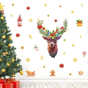 Christmas reindeer wall stickers with gold snowflakes and festive PVC decals for home decor