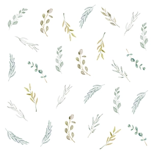 Stickers muraux style scandinave avec aquarelles de feuilles vertes sur un fond blanc épuré