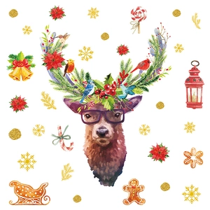 Christmas reindeer wall stickers with watercolor birds, holly berries and snowflakes