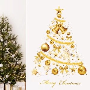 Golden Christmas tree wall stickers with snowflakes and bells for festive window decoration
