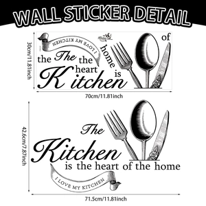Kitchen wall sticker layout showing dimensions and typography for home decor