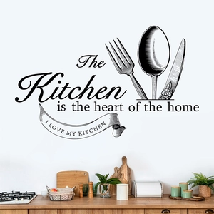 The Kitchen is the heart of the home wall sticker with cutlery and ribbon design