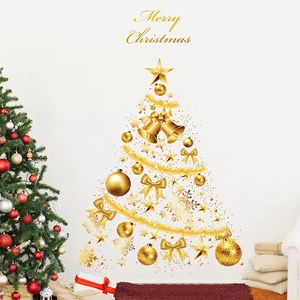 Golden Christmas tree wall sticker with snowflakes and bells for festive home decoration