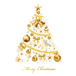 Golden Christmas tree wall decal with stars and snowflakes on a white background
