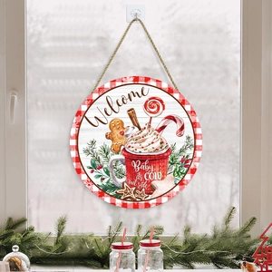 Christmas Gingerbread Welcome sign with red plaid border and hanging rope for farmhouse decor