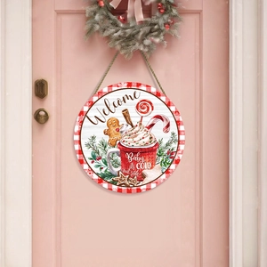 Christmas Wooden Welcome Door Sign Gingerbread Man Reindeer Pattern Round Farmhouse Wall Hanging Decor For Winter Holiday Party